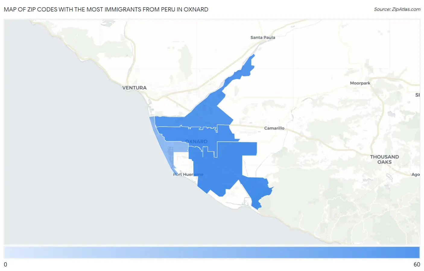Zip Codes with the Most Immigrants from Peru in Oxnard Map
