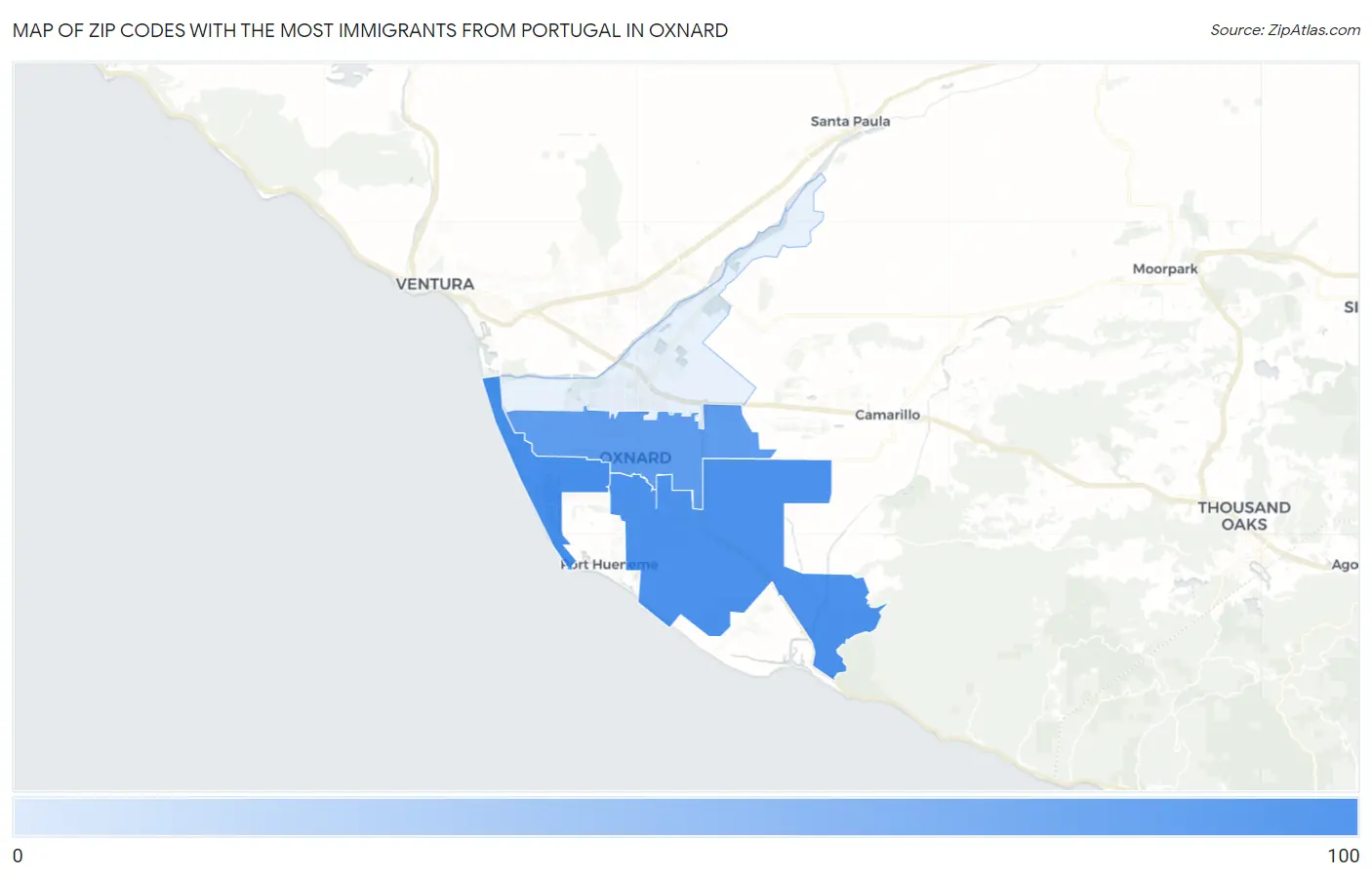 Zip Codes with the Most Immigrants from Portugal in Oxnard Map