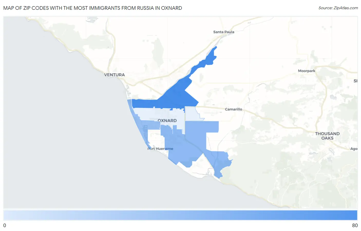 Zip Codes with the Most Immigrants from Russia in Oxnard Map