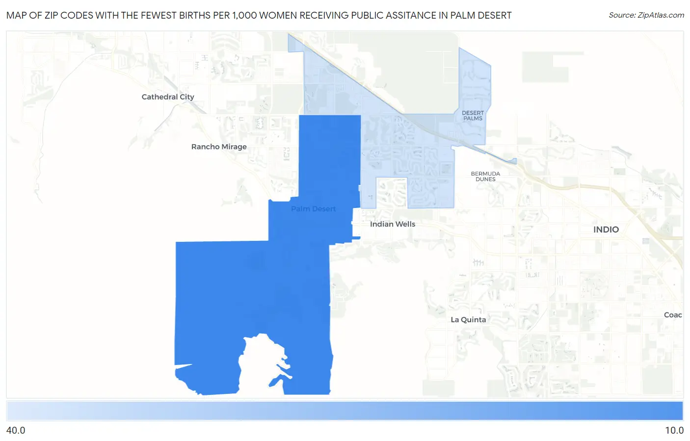 Zip Codes with the Fewest Births per 1,000 Women Receiving Public Assitance in Palm Desert Map