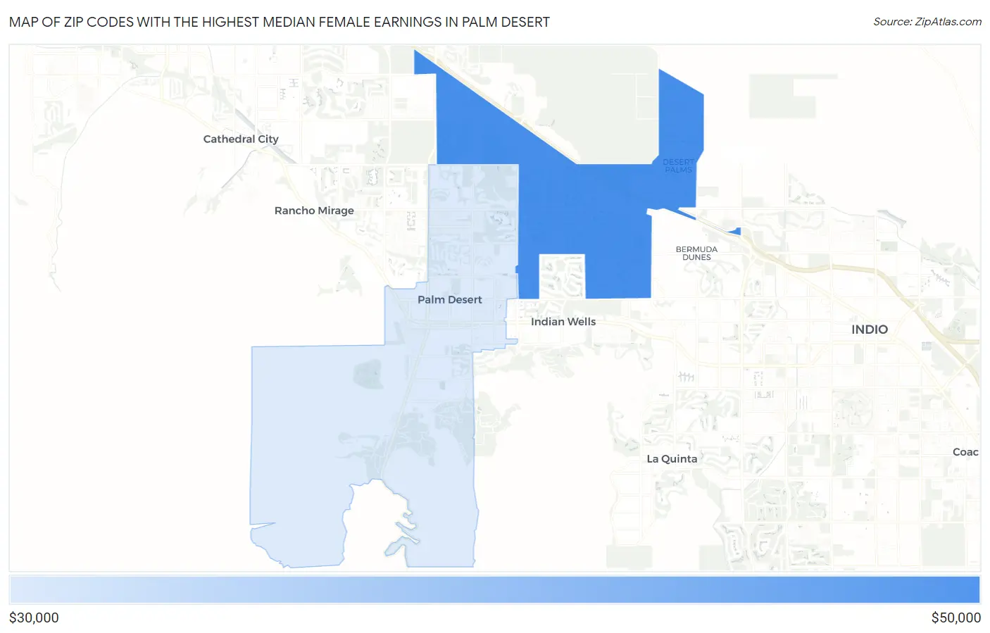 Zip Codes with the Highest Median Female Earnings in Palm Desert Map