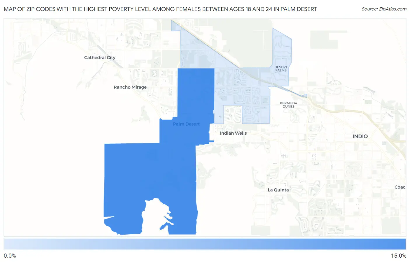 Zip Codes with the Highest Poverty Level Among Females Between Ages 18 and 24 in Palm Desert Map