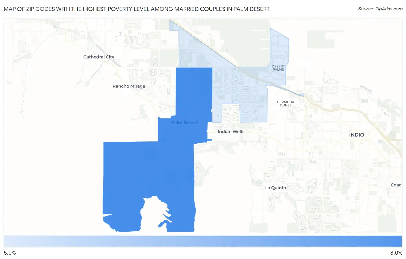 Zip Codes with the Highest Poverty Level Among Married Couples in Palm Desert Map