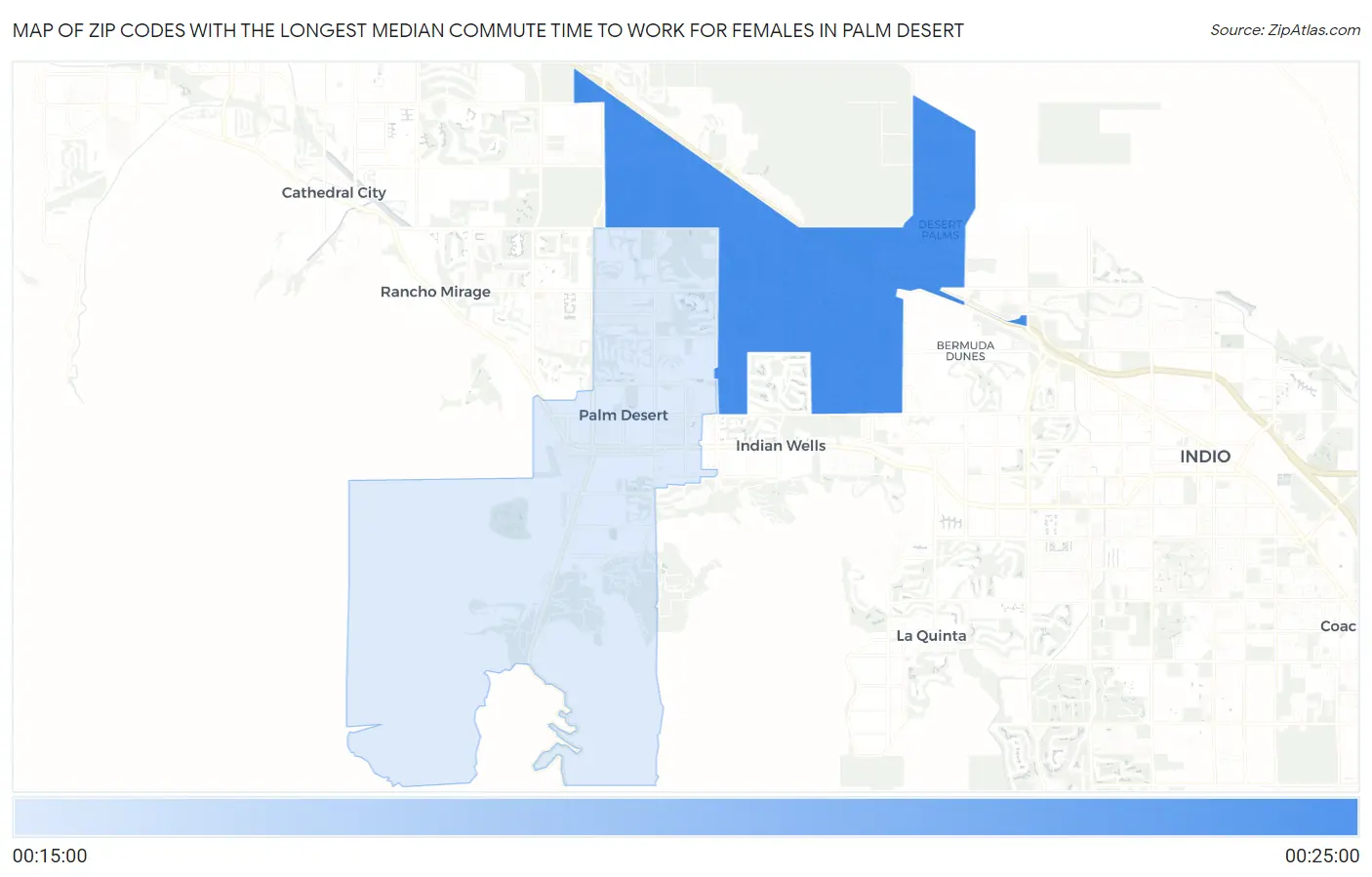 Zip Codes with the Longest Median Commute Time to Work for Females in Palm Desert Map