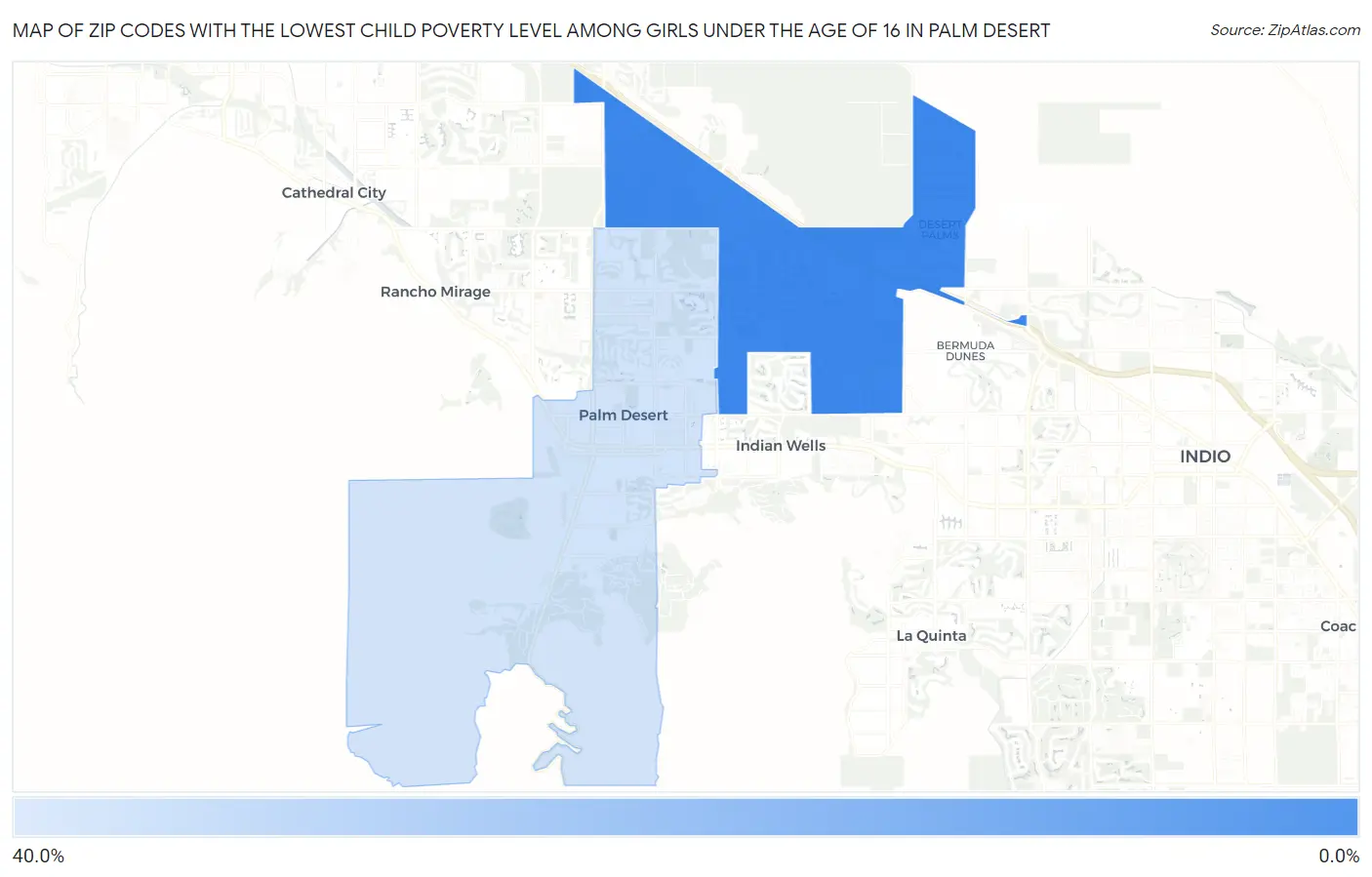 Zip Codes with the Lowest Child Poverty Level Among Girls Under the Age of 16 in Palm Desert Map