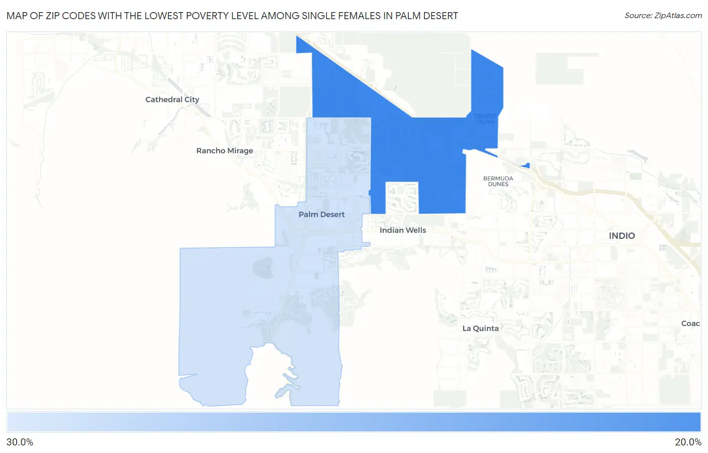 Zip Codes with the Lowest Poverty Level Among Single Females in Palm Desert Map