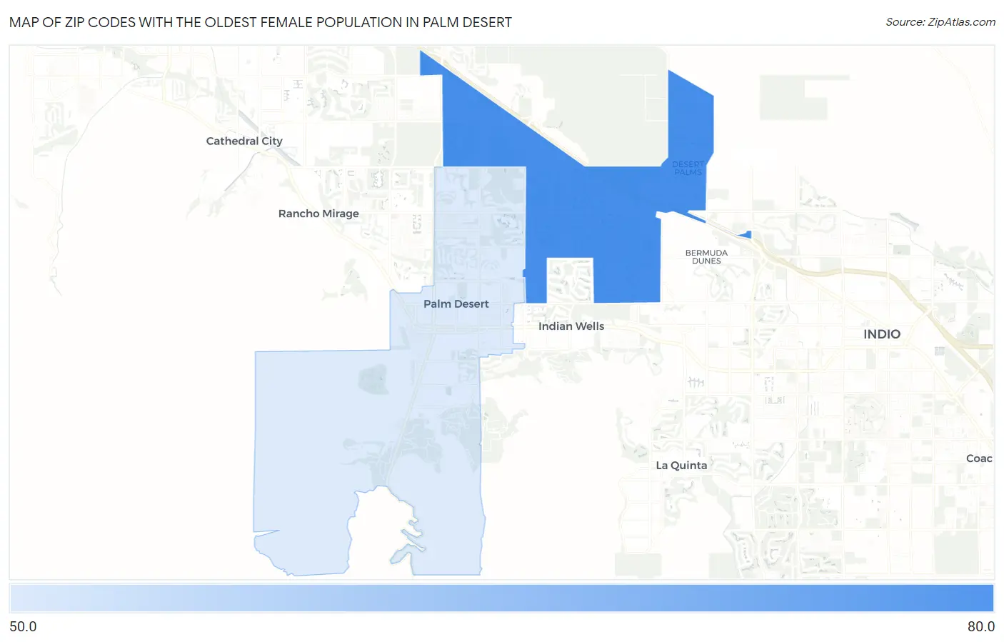 Zip Codes with the Oldest Female Population in Palm Desert Map