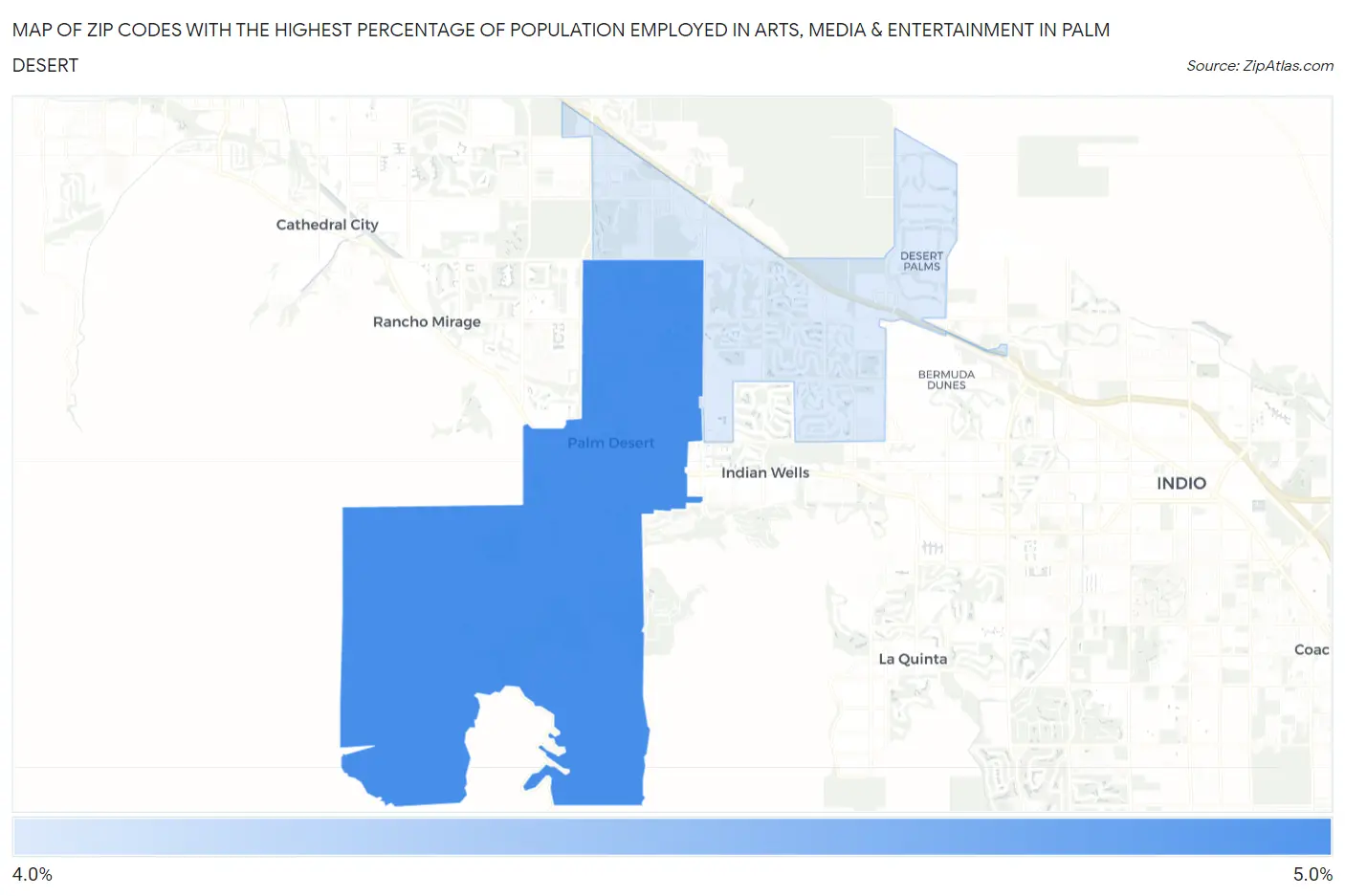 Zip Codes with the Highest Percentage of Population Employed in Arts, Media & Entertainment in Palm Desert Map
