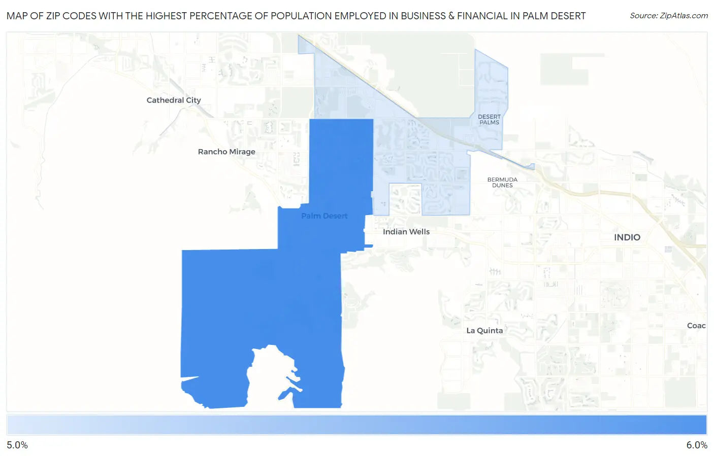 Zip Codes with the Highest Percentage of Population Employed in Business & Financial in Palm Desert Map