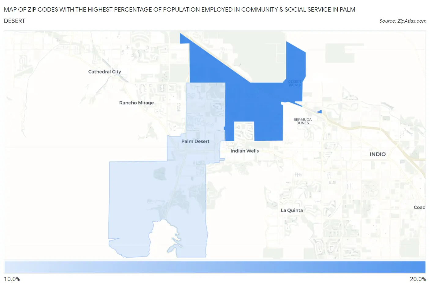 Zip Codes with the Highest Percentage of Population Employed in Community & Social Service  in Palm Desert Map