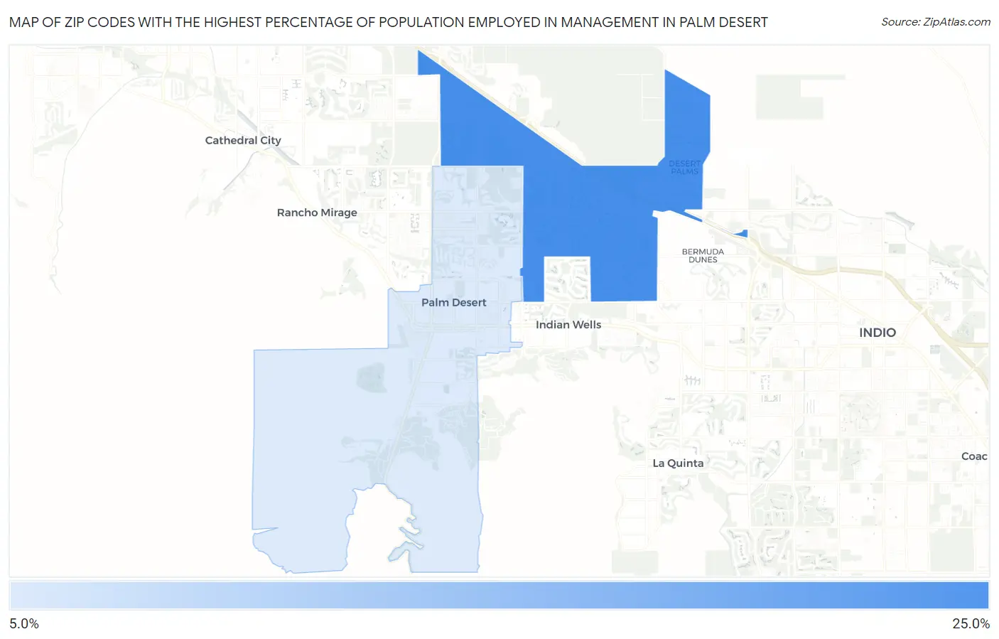 Zip Codes with the Highest Percentage of Population Employed in Management in Palm Desert Map