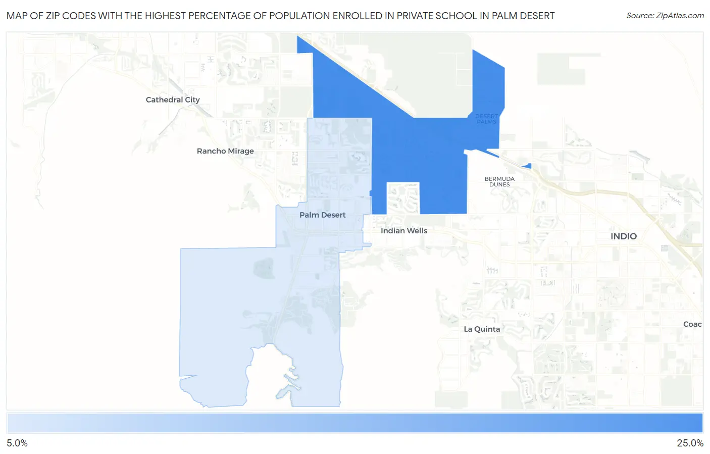 Zip Codes with the Highest Percentage of Population Enrolled in Private School in Palm Desert Map