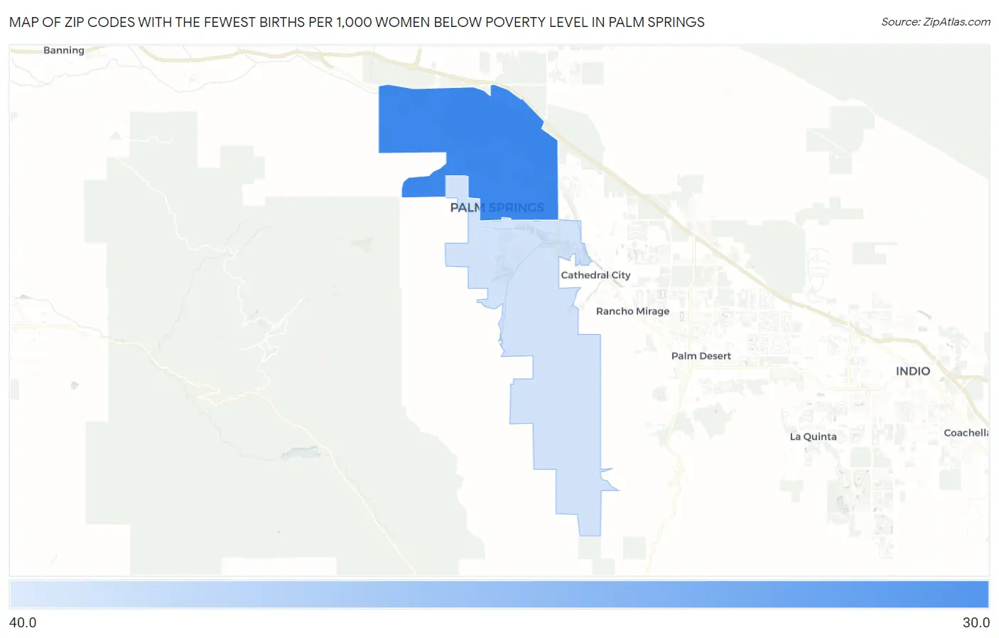 Zip Codes with the Fewest Births per 1,000 Women Below Poverty Level in Palm Springs Map