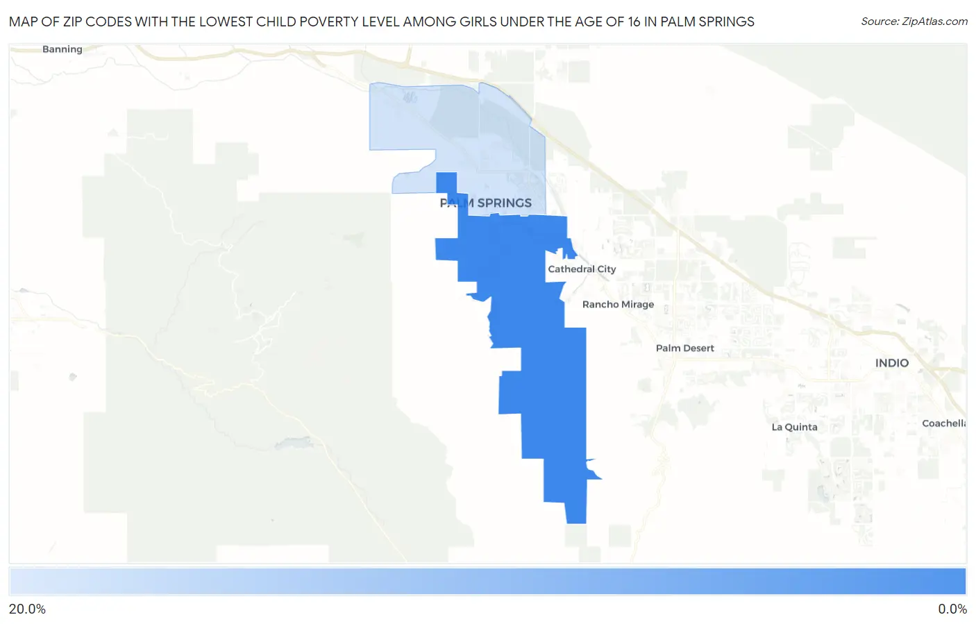 Zip Codes with the Lowest Child Poverty Level Among Girls Under the Age of 16 in Palm Springs Map