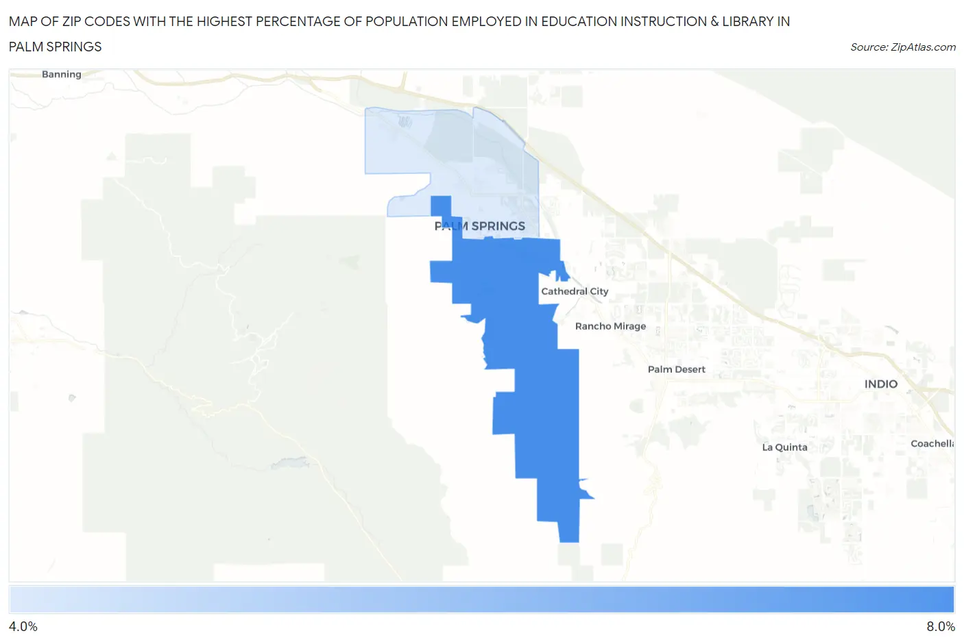 Zip Codes with the Highest Percentage of Population Employed in Education Instruction & Library in Palm Springs Map