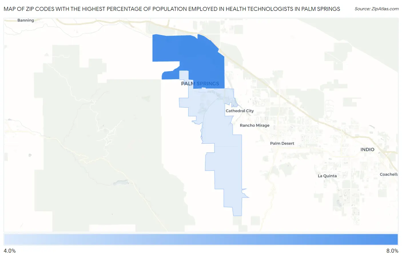Zip Codes with the Highest Percentage of Population Employed in Health Technologists in Palm Springs Map