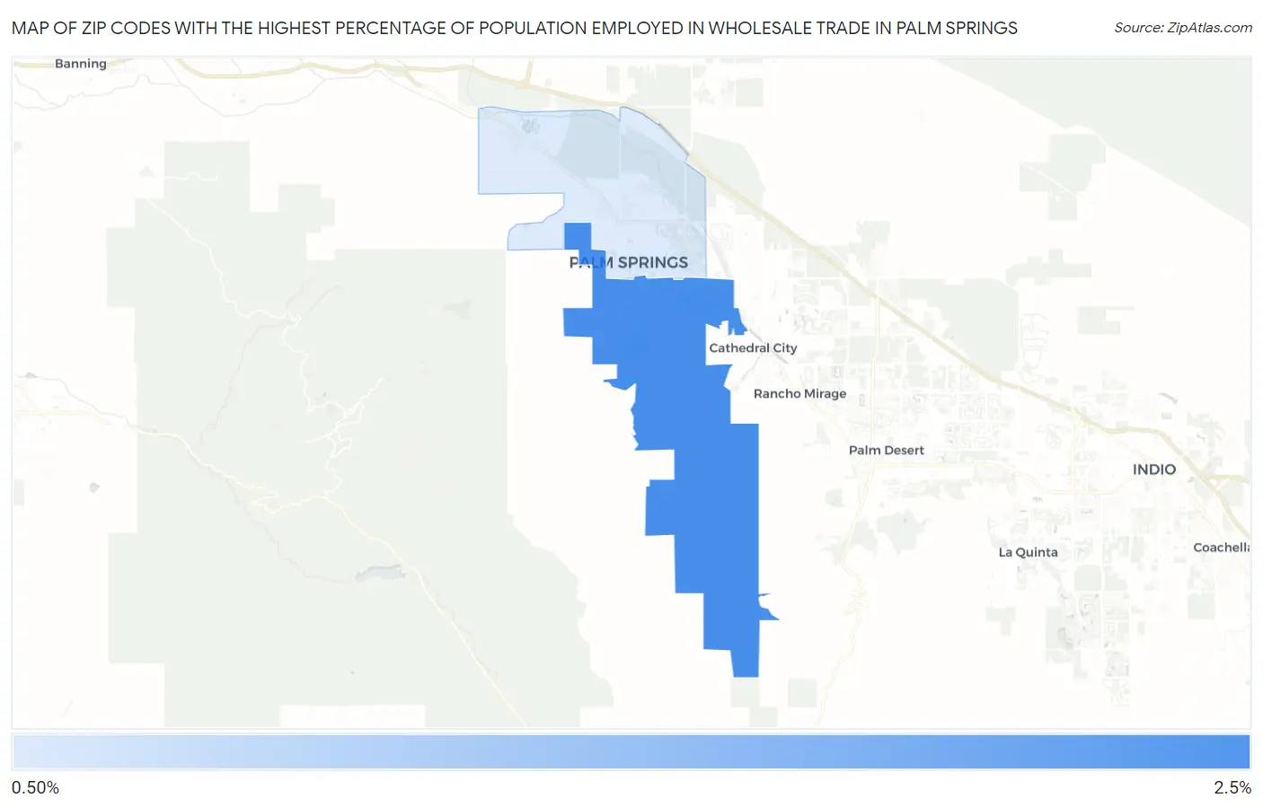 Zip Codes with the Highest Percentage of Population Employed in Wholesale Trade in Palm Springs Map