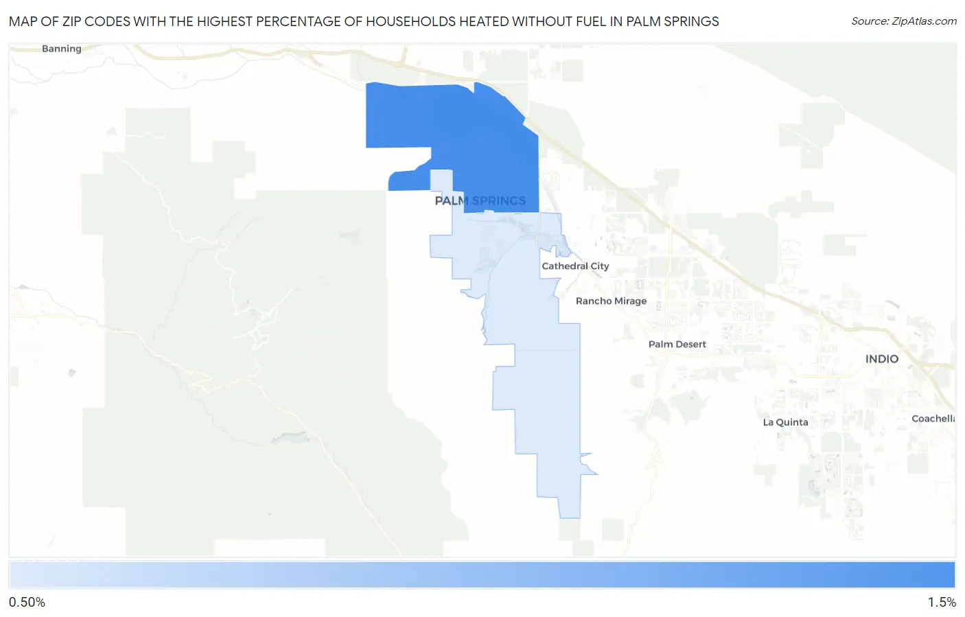 Zip Codes with the Highest Percentage of Households Heated without Fuel in Palm Springs Map