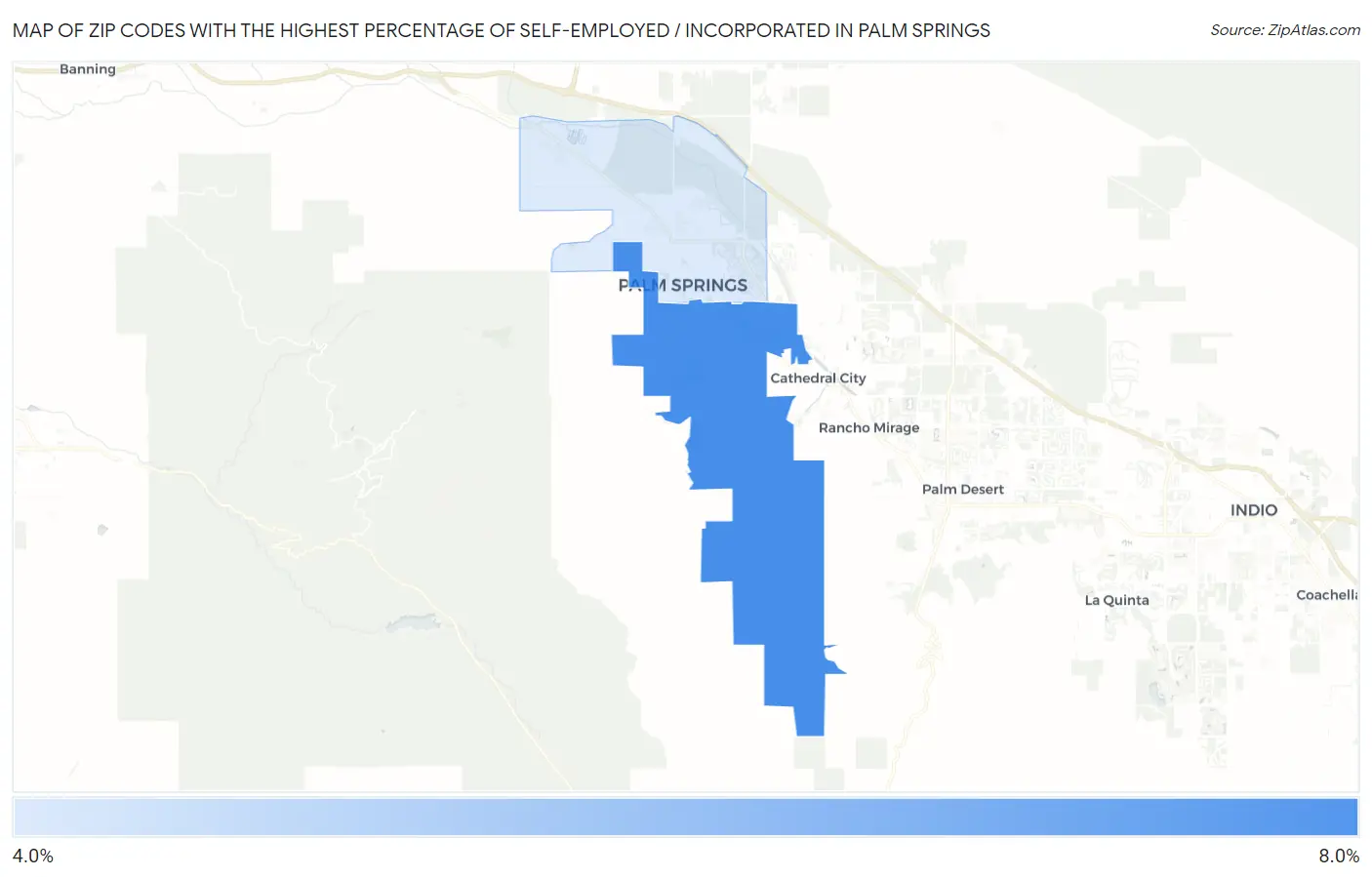 Zip Codes with the Highest Percentage of Self-Employed / Incorporated in Palm Springs Map