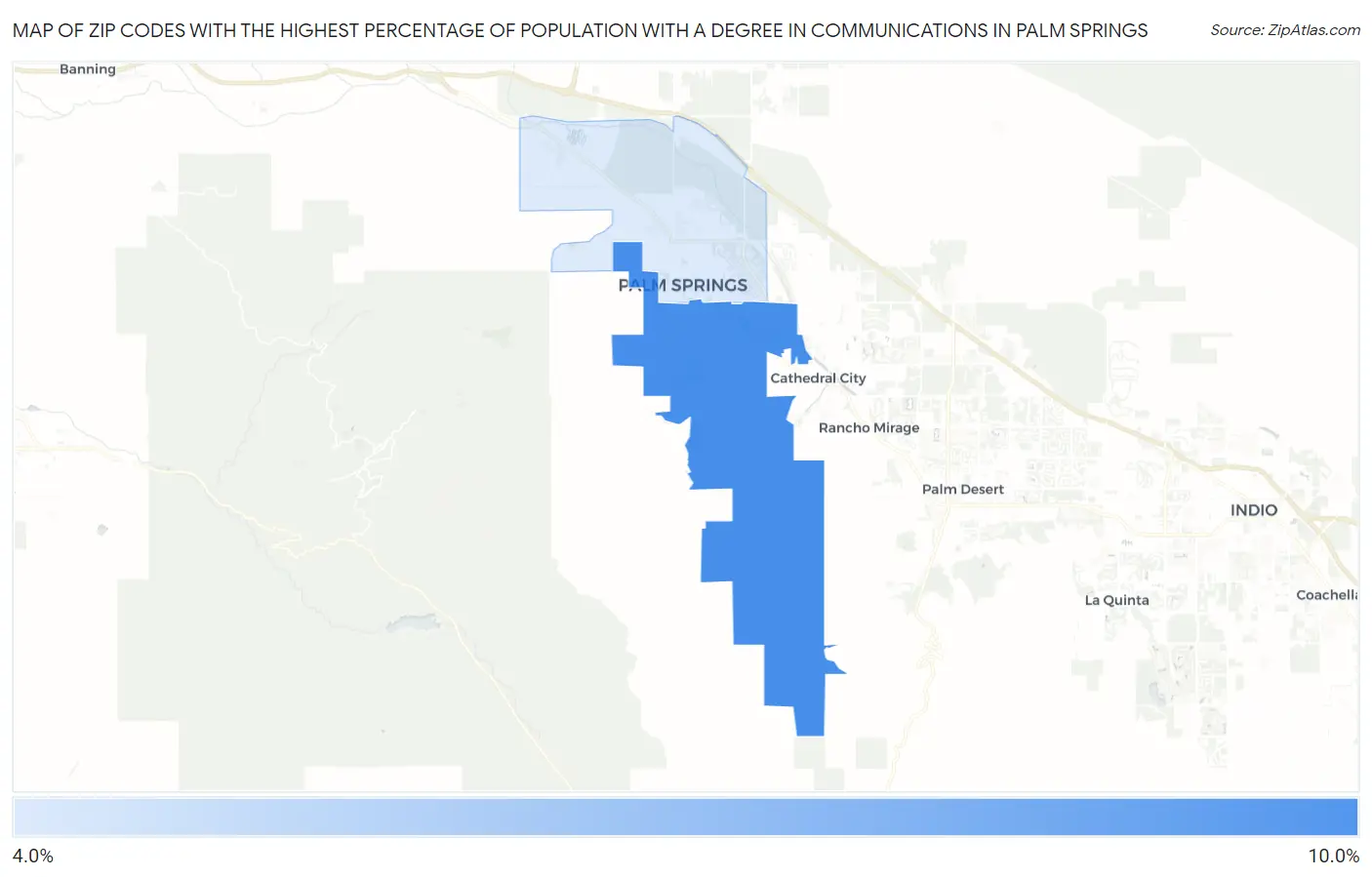 Zip Codes with the Highest Percentage of Population with a Degree in Communications in Palm Springs Map