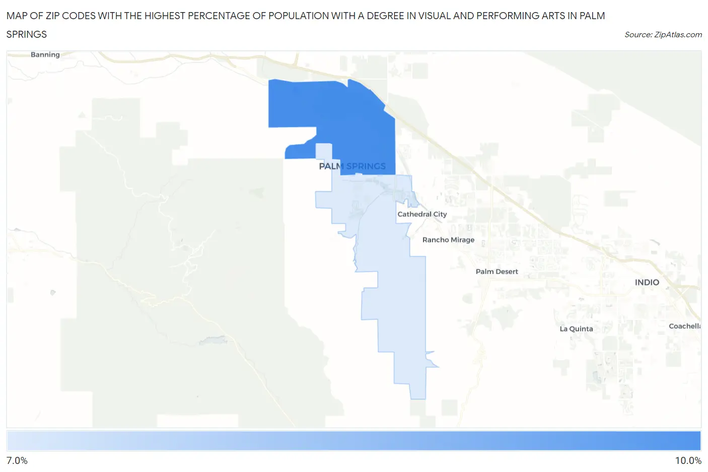 Zip Codes with the Highest Percentage of Population with a Degree in Visual and Performing Arts in Palm Springs Map