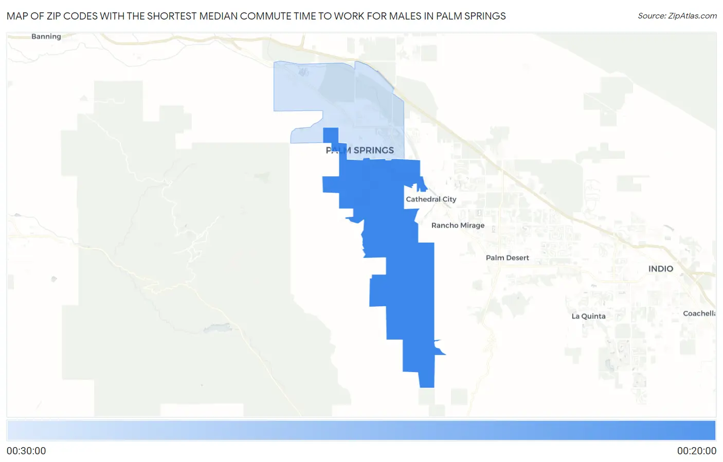 Zip Codes with the Shortest Median Commute Time to Work for Males in Palm Springs Map