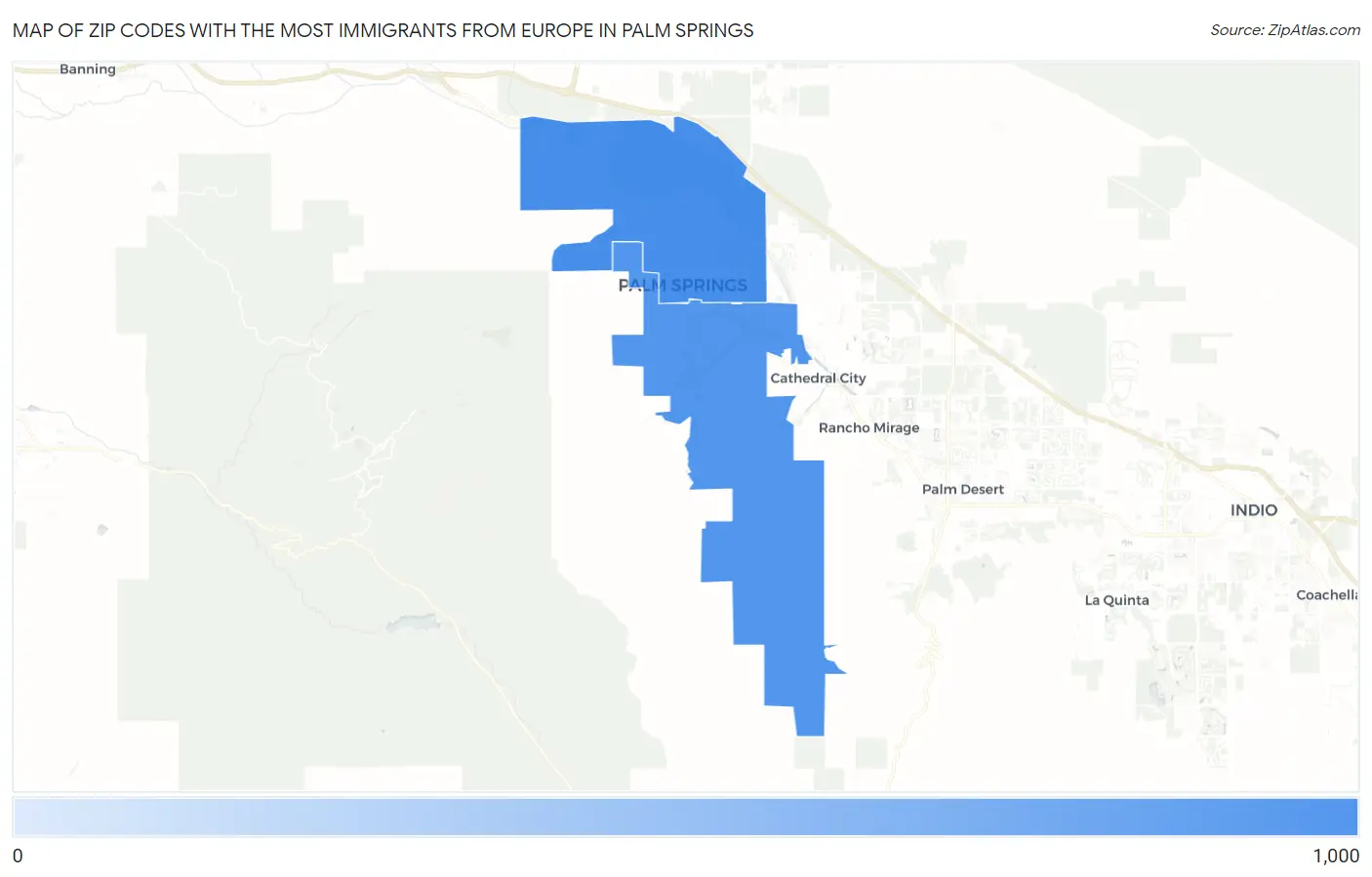 Zip Codes with the Most Immigrants from Europe in Palm Springs Map