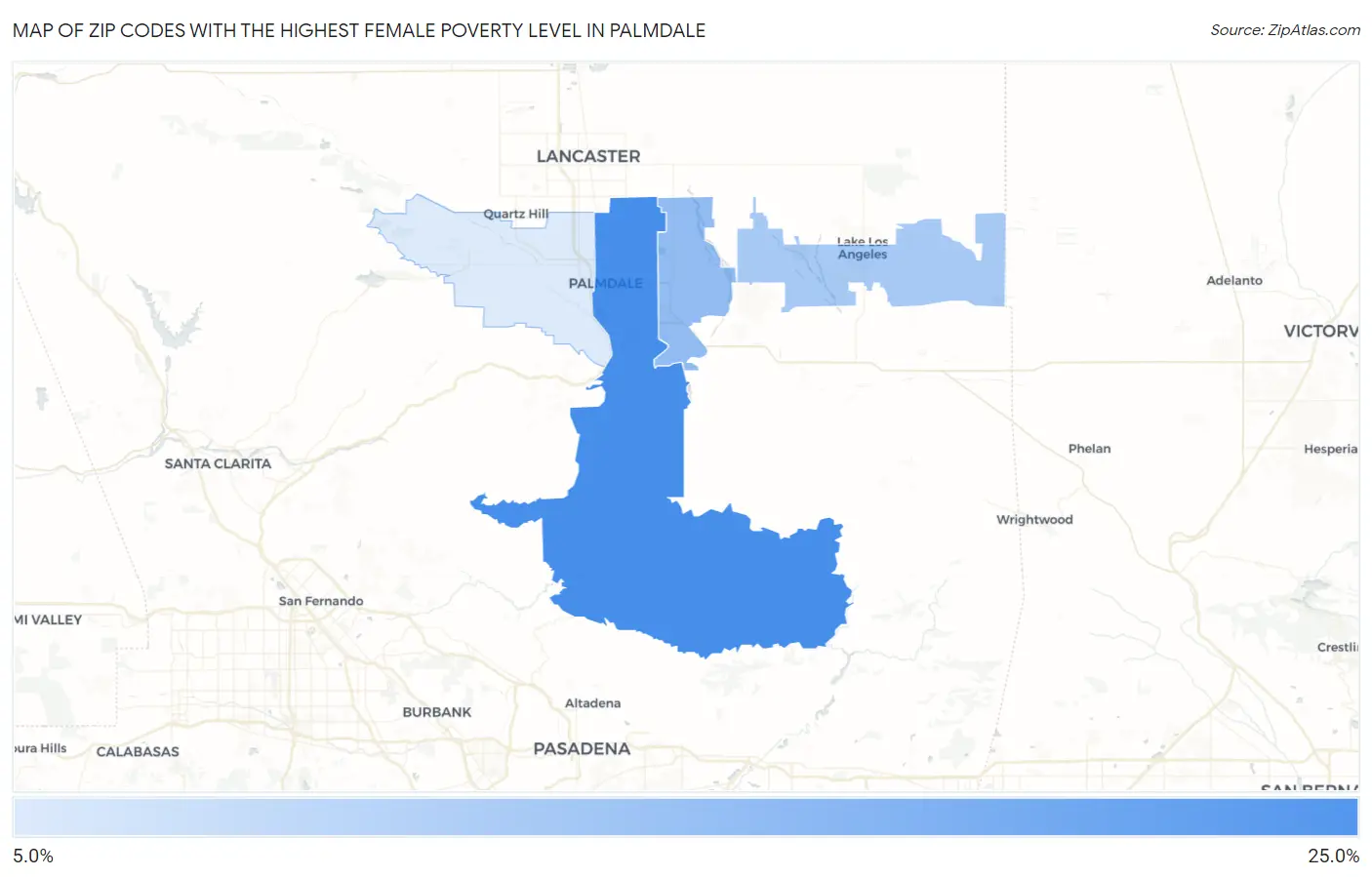 Zip Codes with the Highest Female Poverty Level in Palmdale Map