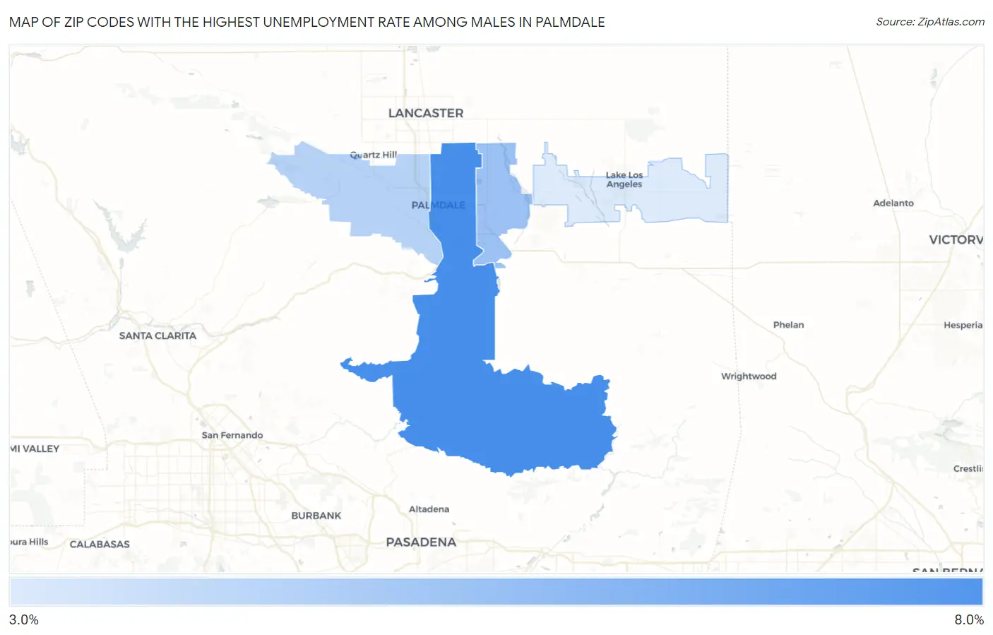 Zip Codes with the Highest Unemployment Rate Among Males in Palmdale Map