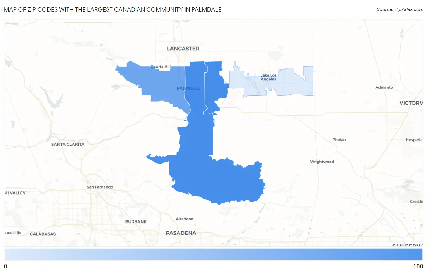 Zip Codes with the Largest Canadian Community in Palmdale Map