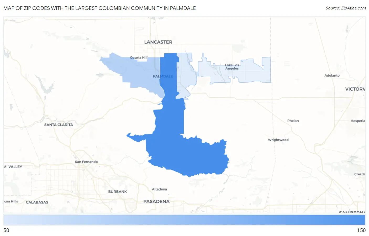 Zip Codes with the Largest Colombian Community in Palmdale Map