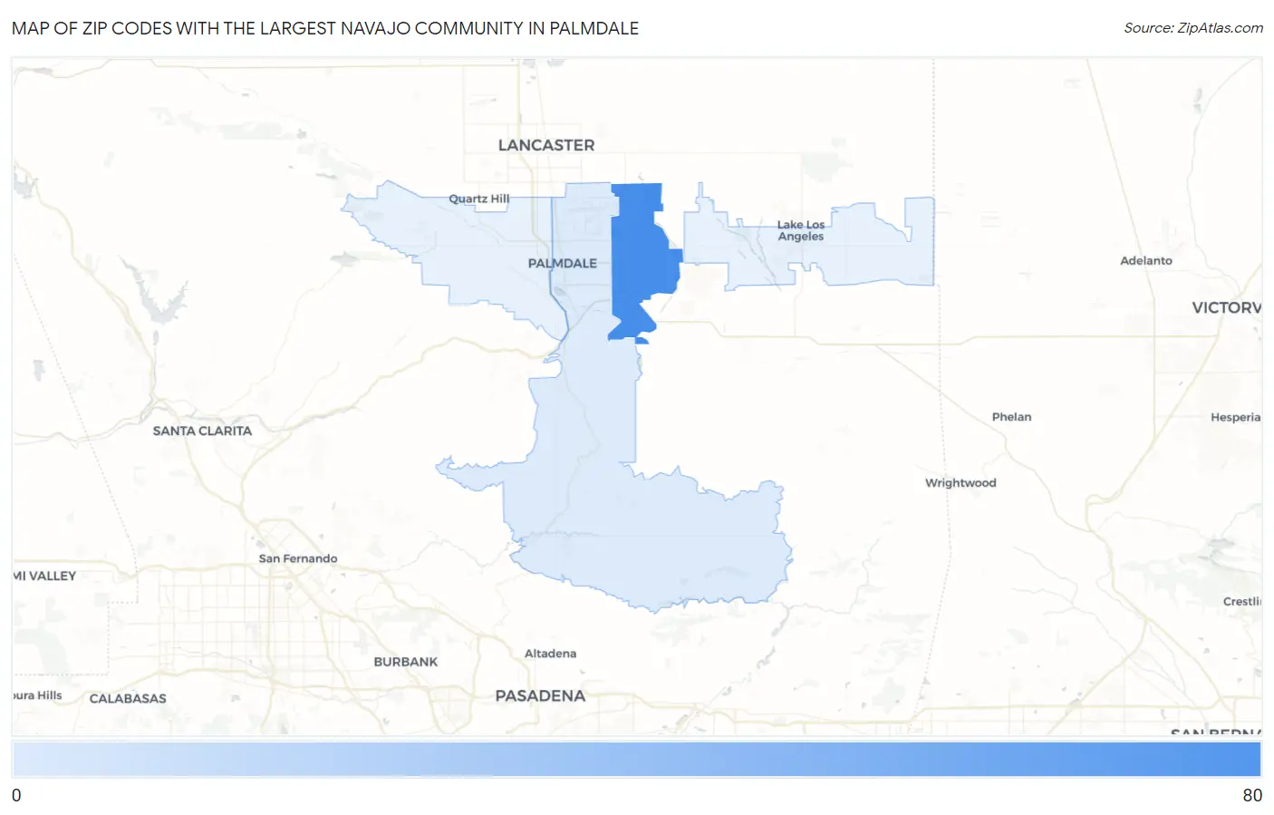 Zip Codes with the Largest Navajo Community in Palmdale Map