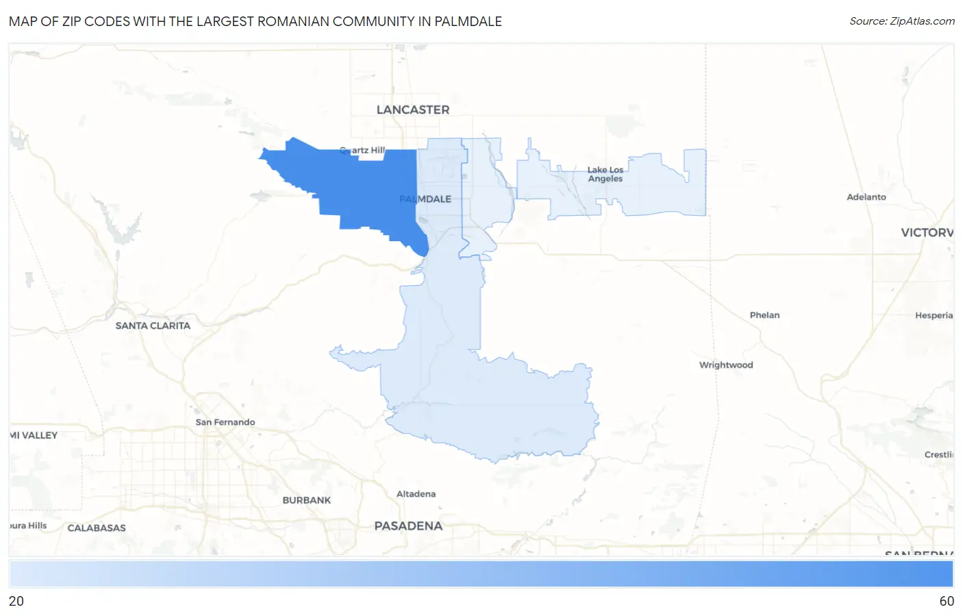 Zip Codes with the Largest Romanian Community in Palmdale Map