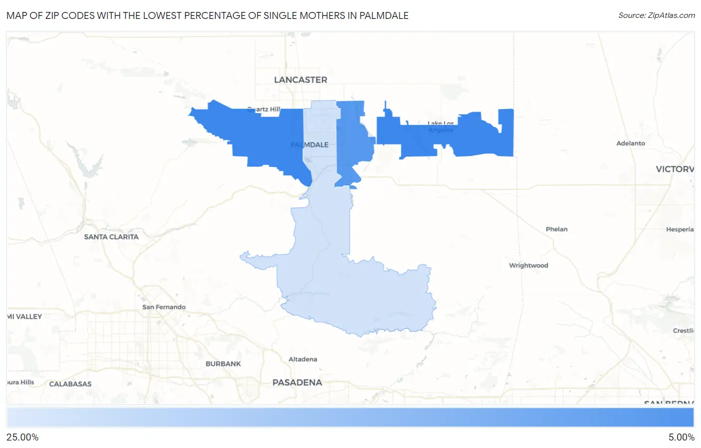 Zip Codes with the Lowest Percentage of Single Mothers in Palmdale Map