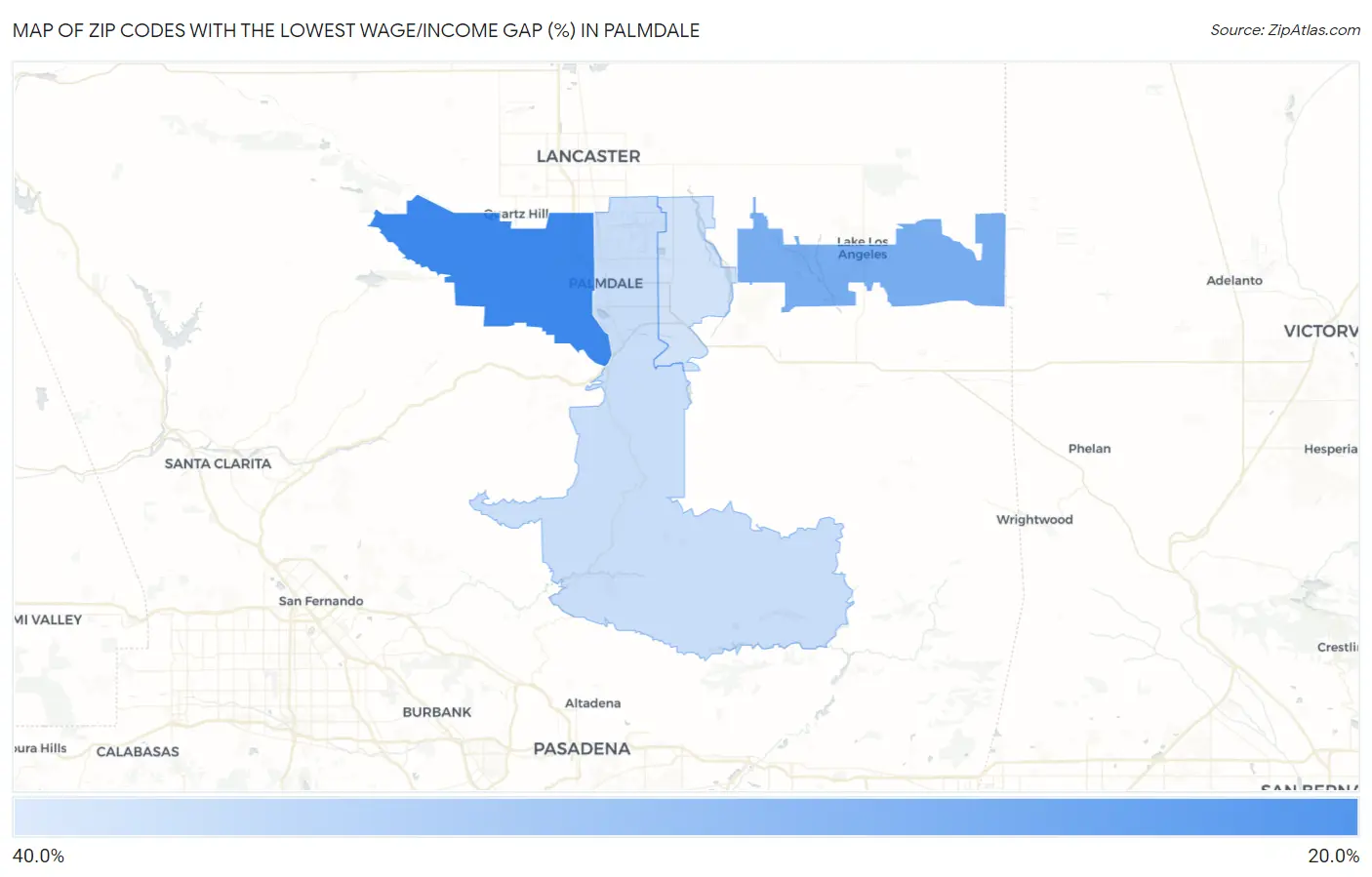 Zip Codes with the Lowest Wage/Income Gap (%) in Palmdale Map