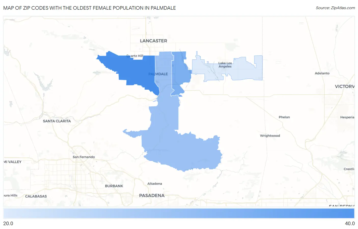 Zip Codes with the Oldest Female Population in Palmdale Map