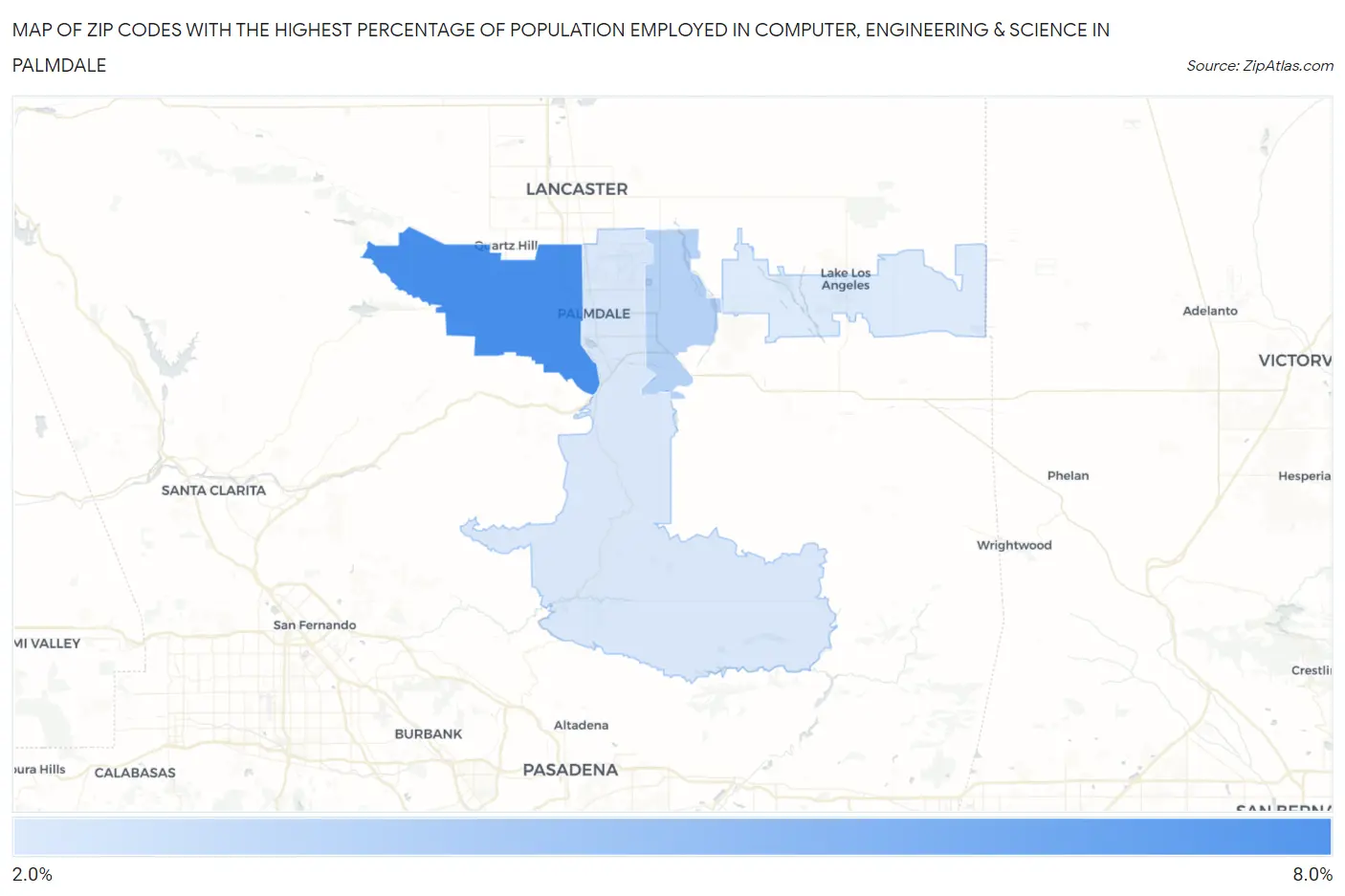 Zip Codes with the Highest Percentage of Population Employed in Computer, Engineering & Science in Palmdale Map