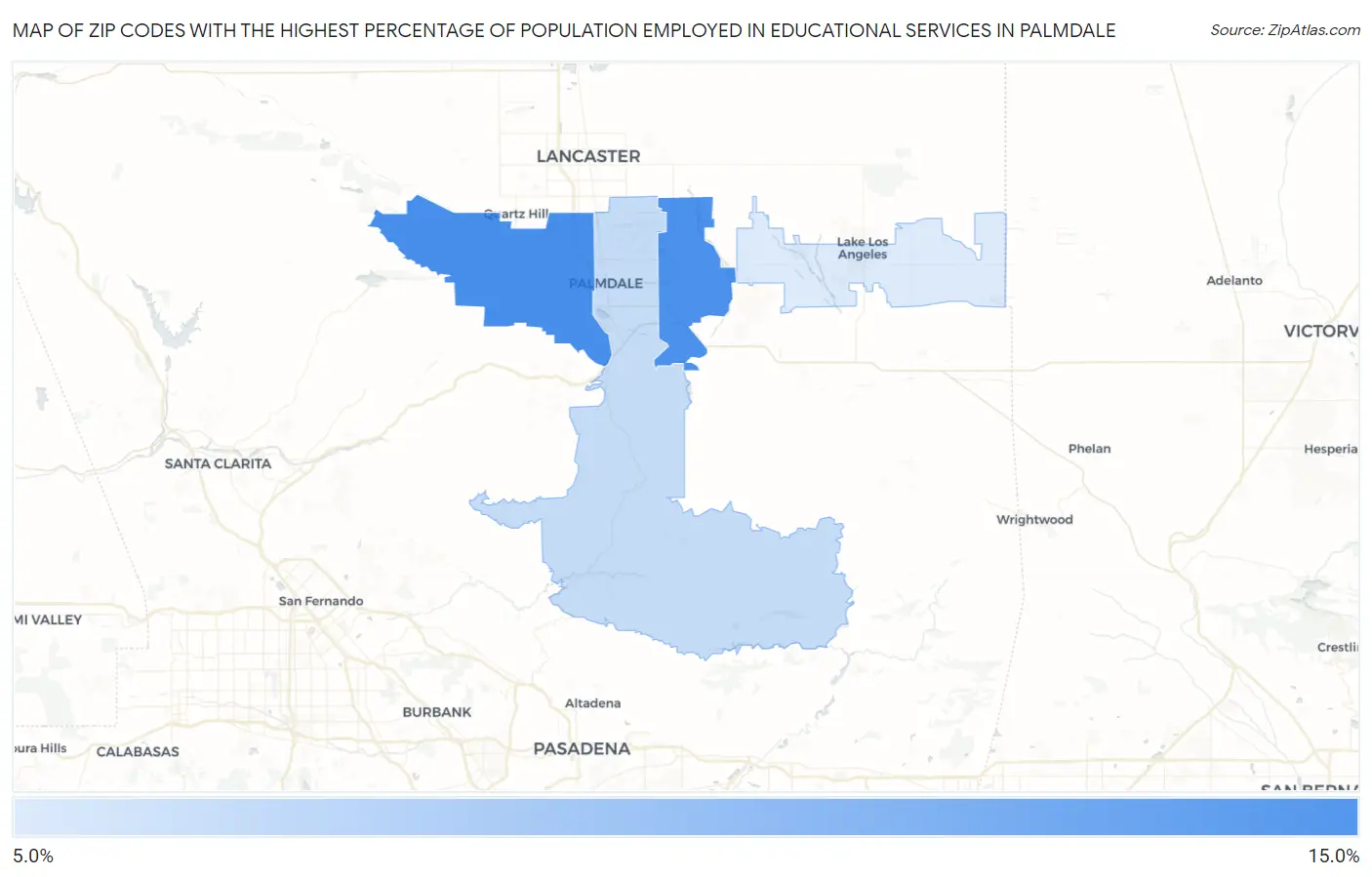 Zip Codes with the Highest Percentage of Population Employed in Educational Services in Palmdale Map