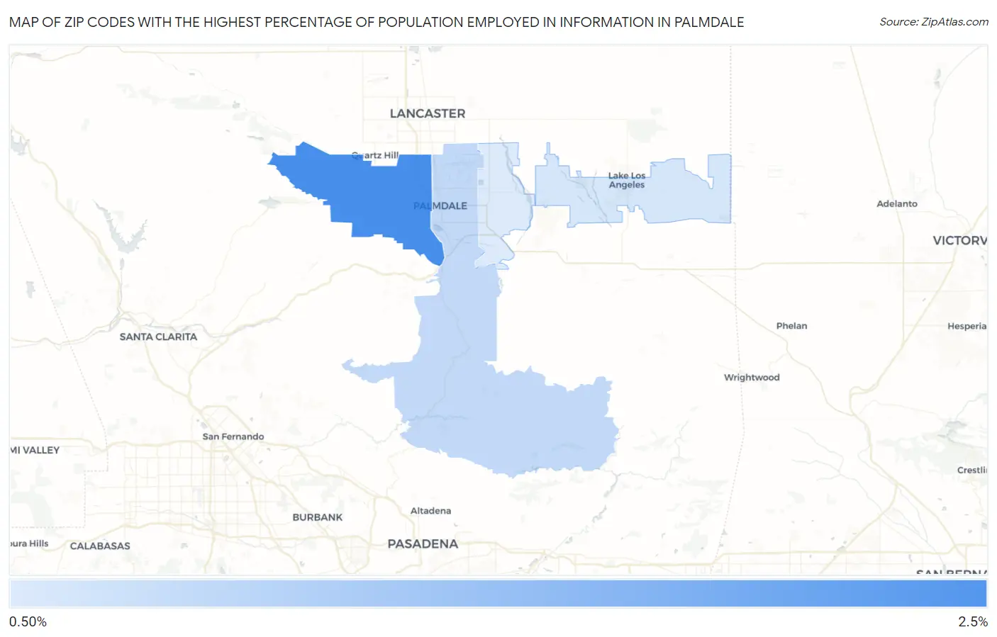 Zip Codes with the Highest Percentage of Population Employed in Information in Palmdale Map
