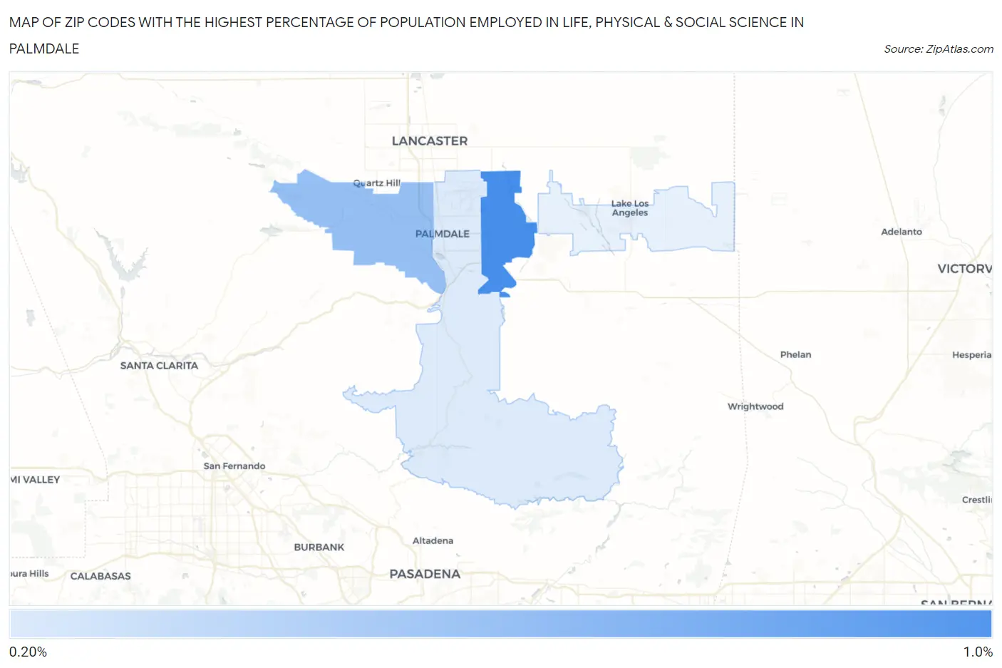 Zip Codes with the Highest Percentage of Population Employed in Life, Physical & Social Science in Palmdale Map