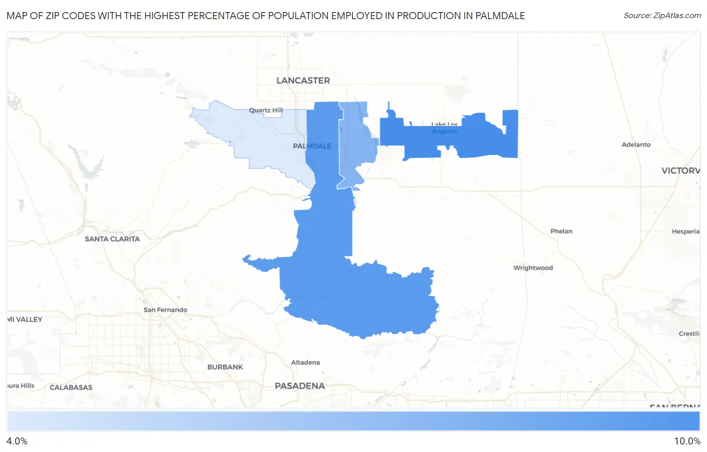 Zip Codes with the Highest Percentage of Population Employed in Production in Palmdale Map