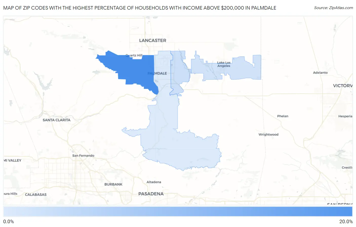 Zip Codes with the Highest Percentage of Households with Income Above $200,000 in Palmdale Map