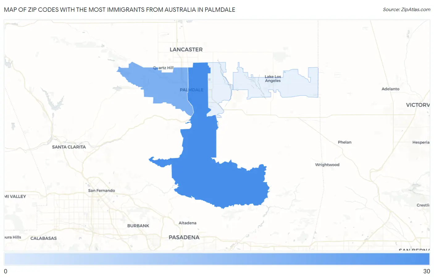Zip Codes with the Most Immigrants from Australia in Palmdale Map