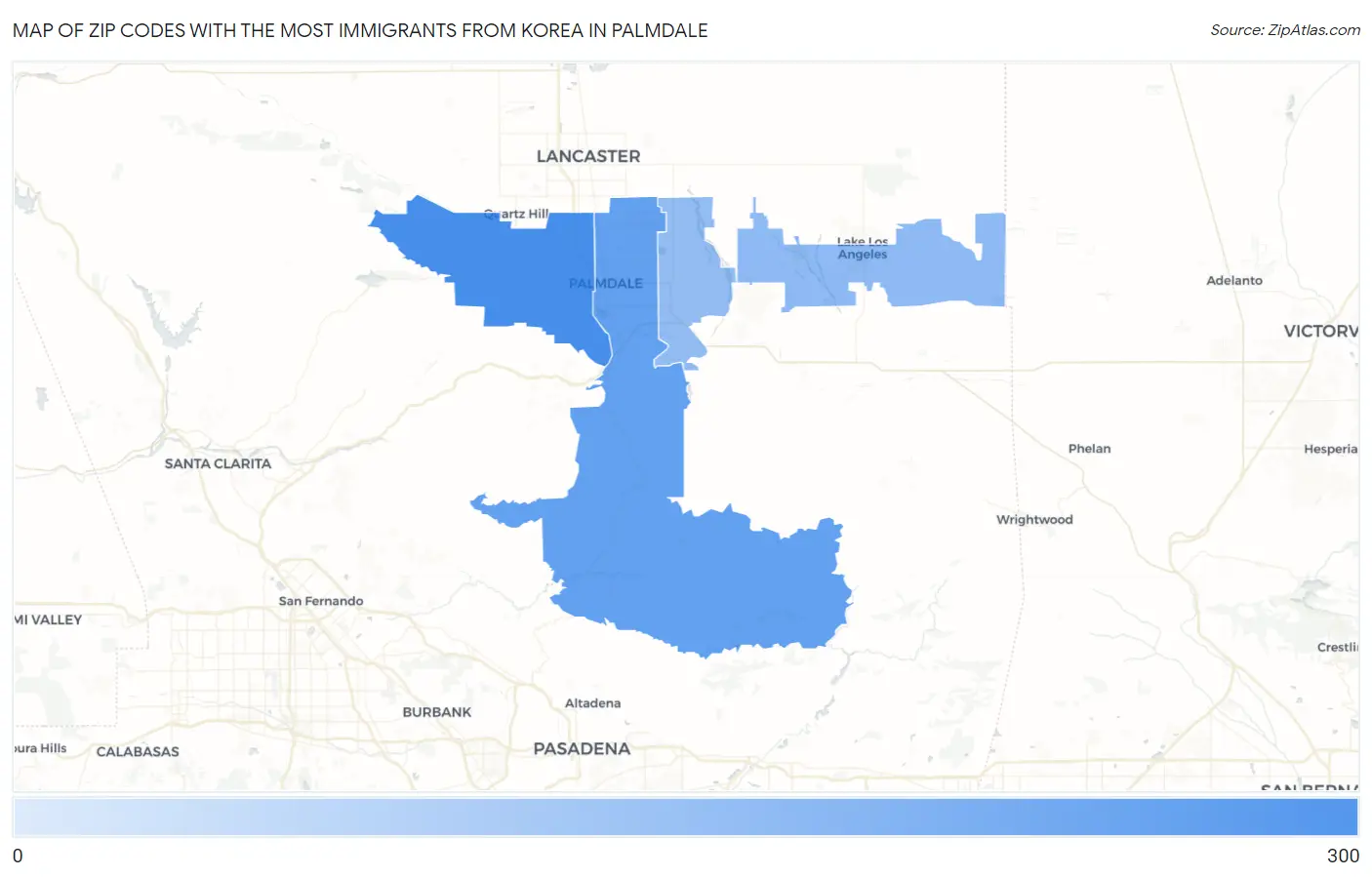 Zip Codes with the Most Immigrants from Korea in Palmdale Map