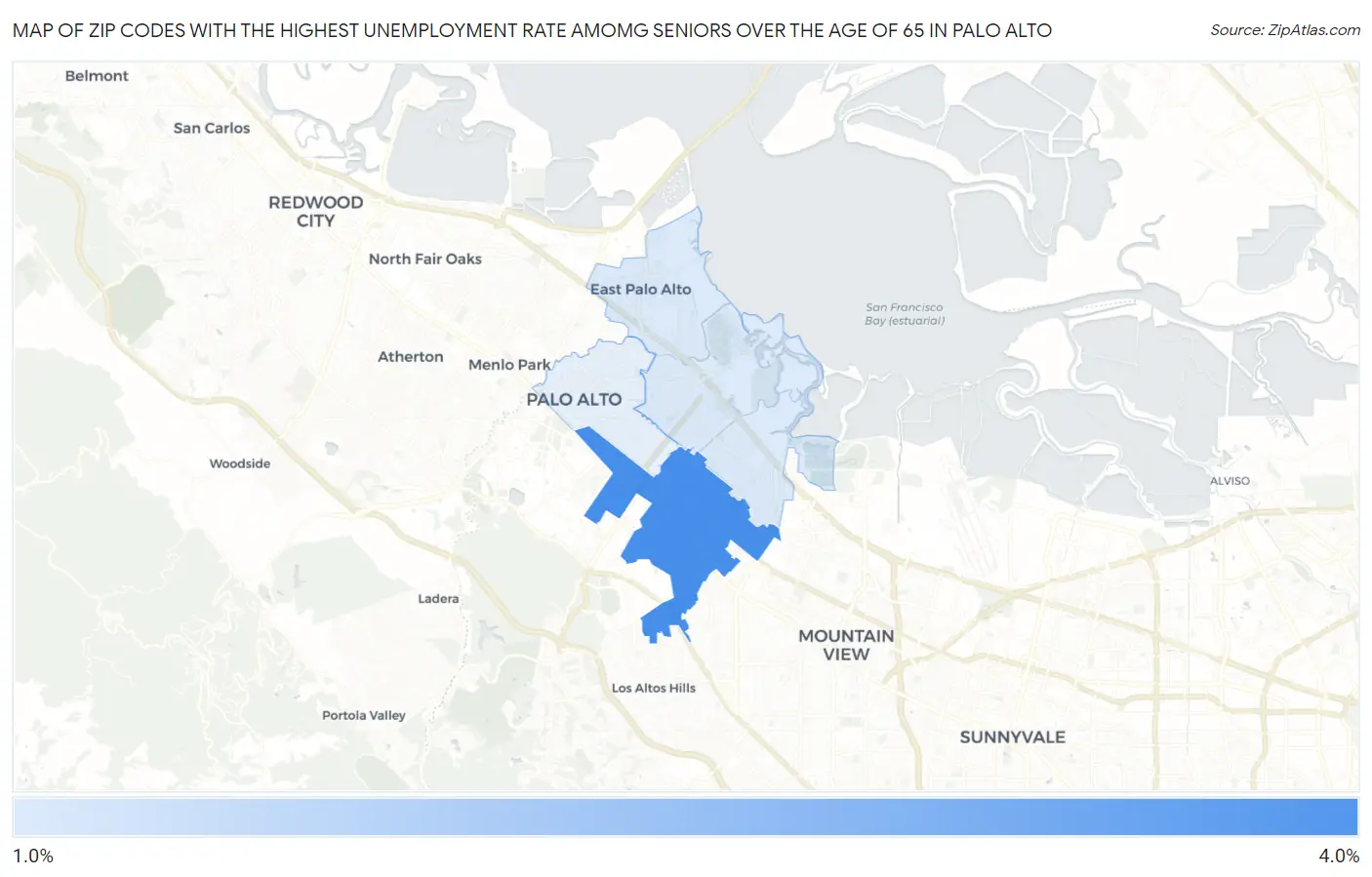 Zip Codes with the Highest Unemployment Rate Amomg Seniors Over the Age of 65 in Palo Alto Map