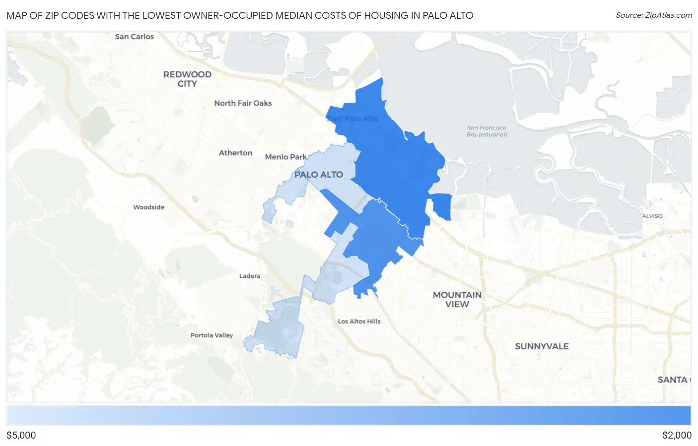 Zip Codes with the Lowest Owner-Occupied Median Costs of Housing in Palo Alto Map