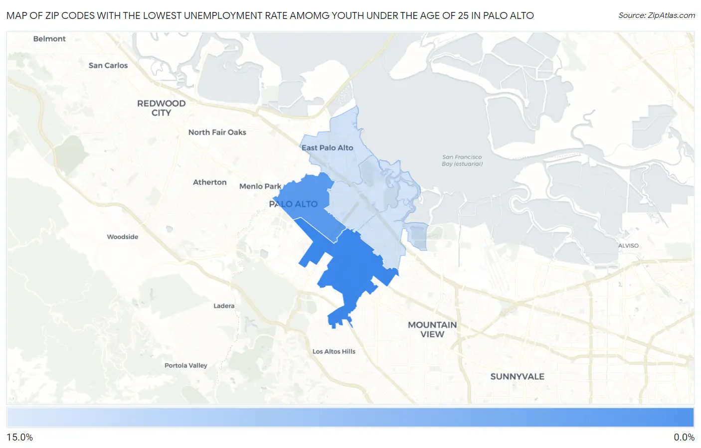 Zip Codes with the Lowest Unemployment Rate Amomg Youth Under the Age of 25 in Palo Alto Map