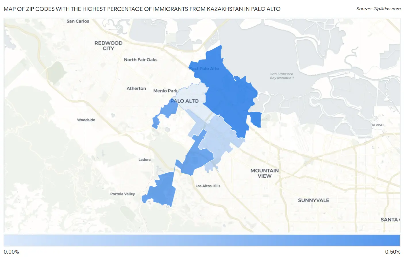 Zip Codes with the Highest Percentage of Immigrants from Kazakhstan in Palo Alto Map
