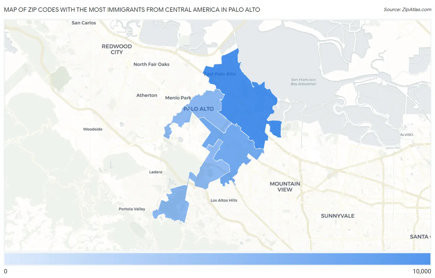 Zip Codes with the Most Immigrants from Central America in Palo Alto Map