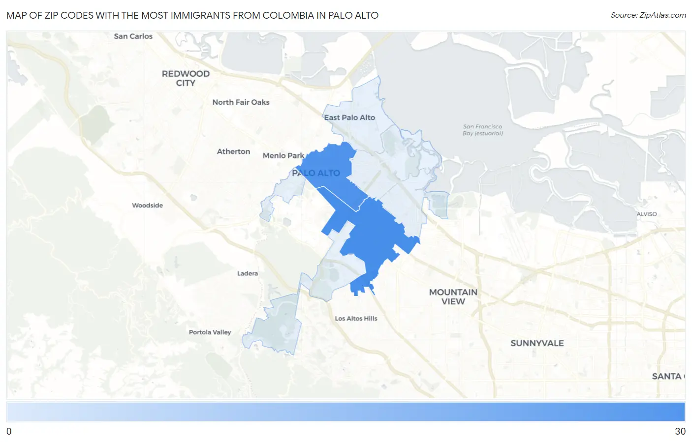 Zip Codes with the Most Immigrants from Colombia in Palo Alto Map
